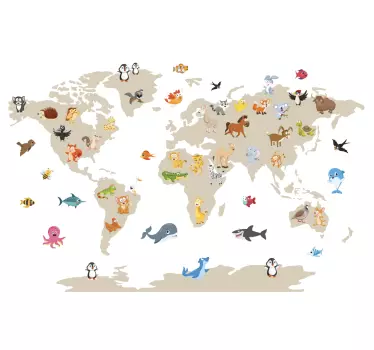 Autocolante decorativo mapa mundo Continentes bege com animais es - TenStickers