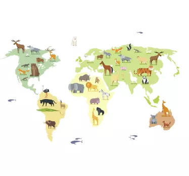 Autocolante decorativo mapa mundo Animais coloridos dos continent - TenStickers