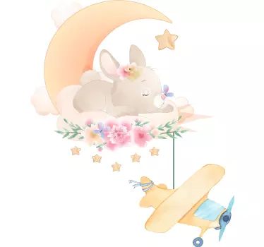 Autocolantes de animais diversos Coelho dormindo na lua com avião - TenStickers