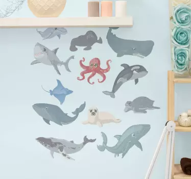 Autocolante decorativo com peixes Tartaruga tubarão golfinho bale - TenStickers