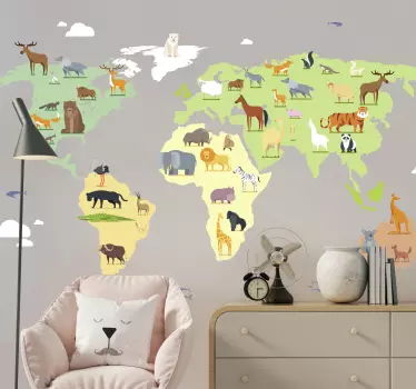 Autocolante decorativo mapa mundo Animais coloridos dos continent - TenStickers