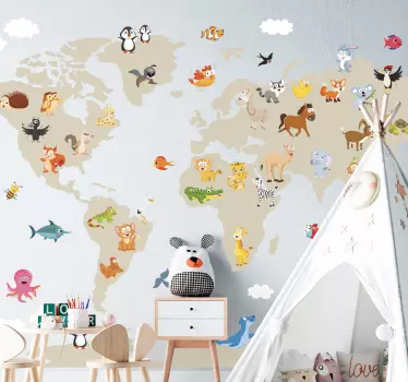 Autocolante decorativo mapa mundo Continentes bege com animais es - TenStickers