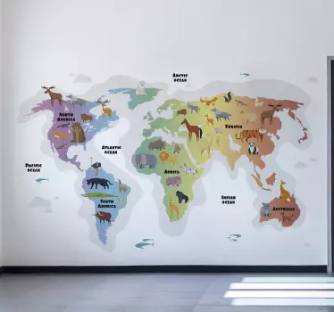 Autocolante decorativo mapa mundo Mapa do mundo animal - TenStickers