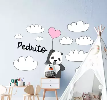 Autocolante decorativo para bebé Panda voador com nuvens e nome - TenStickers