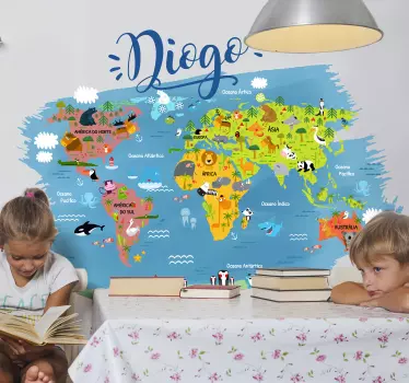 Autocolantes lugares Mapa mundo com animais - TenStickers