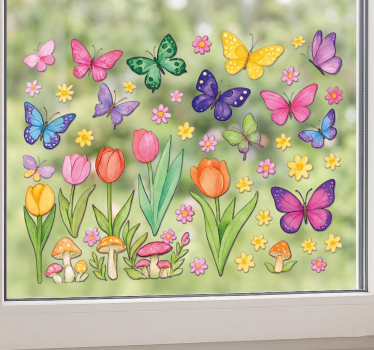 Autocolante para janela borboletas e plantas coloridas - TenStickers