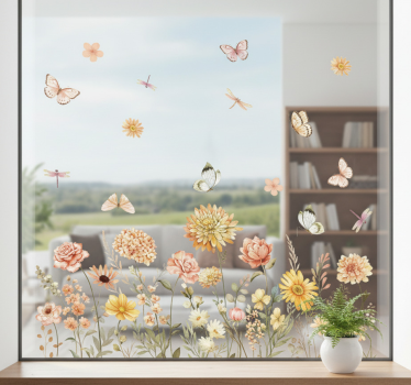 Autocolante para janela campo de flores silvestres com borboletas - TenStickers