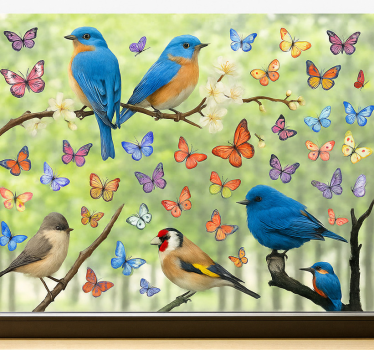 Autocolante para janela flores e pássaros coloridos - TenStickers