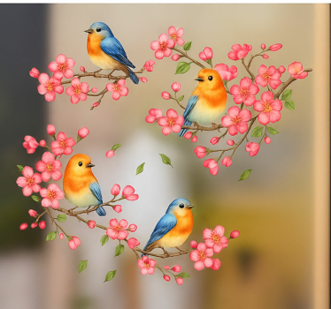 Autocolante para janela flores e pássaros rosa - TenStickers