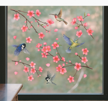 Autocolante para janela pássaros em galhos com flores - TenStickers