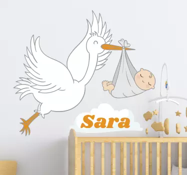Autocolante para quarto de bebé Cegonha com bebê e nome - TenStickers