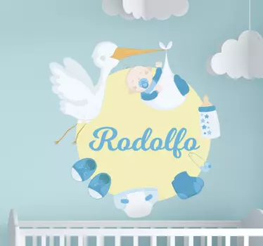 Autocolante para quarto de bebé Cegonha com nome - TenStickers