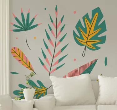 Autocolante sala de estar padrão de folhas tropicais - TenStickers
