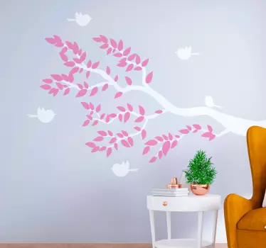 Autocolantes animais árvore com folhas rosa e pássaros voando - TenStickers