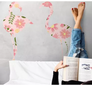 Autocolantes de pássaros e aves Flamingos com flores - TenStickers
