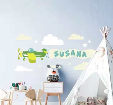 Autocolantes decorativos de ilustrações Avião com nome e nuvens - TenStickers