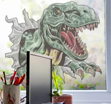 Detalhe t-rex quebrando o Autocolante para janelas da parede - TenStickers