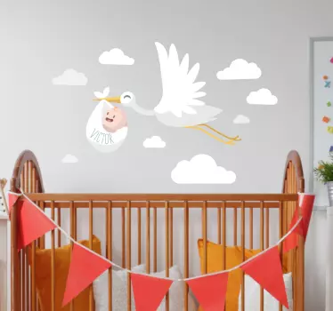 Autocolante para quarto de bebé Cegonha com Nome - TenStickers