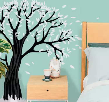 Vinil cabeceira árvore moderna em preto e branco com folhas voado - TenStickers
