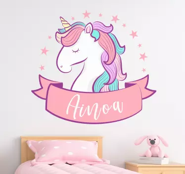 Vinil decorativo infantil Unicórnio rosa com nome - TenStickers