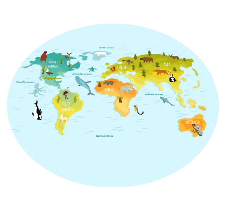 Tapete vinílico de mapa mundial mapa de animais ilustrado - TenStickers