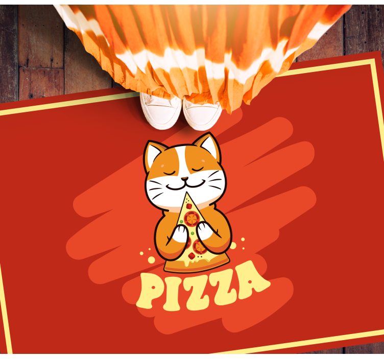 Gato comendo pizza no piso da cozinha - TenStickers