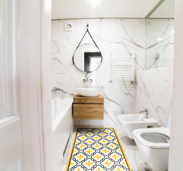 Tapete de ladrilhos com padrão de flores cinza e amarelo - TenStickers