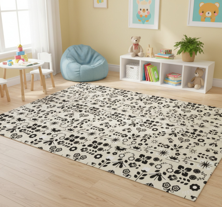 Tapete vinílico de animais padrão folclórico preto e branco - TenStickers