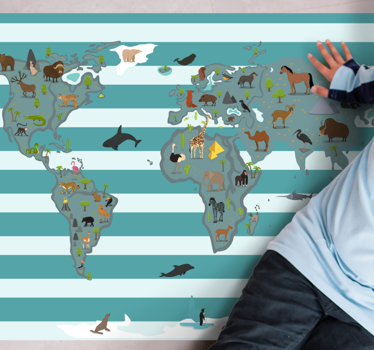 Tapete vinílico de mapa mundial animais pelos continentes - TenStickers