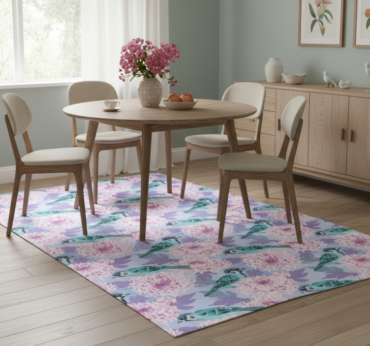 Tapete vinílico flores e plantas com flores rosas e pássaros - TenStickers