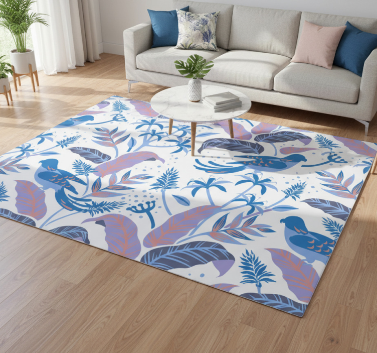 Tapete vinílico flores e plantas com pássaros rosa e azuis - TenStickers