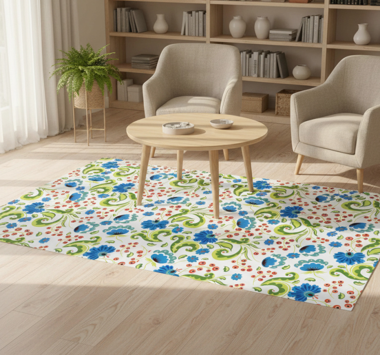Tapete vinílico flores e plantas em verde e azul - TenStickers