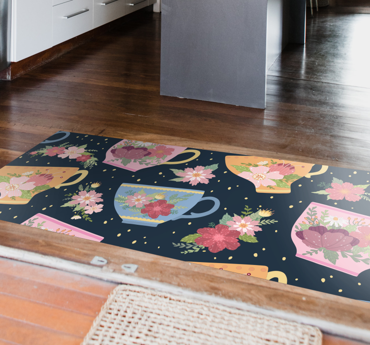 Tapete vinílico flores e plantas padrão xícara floral - TenStickers