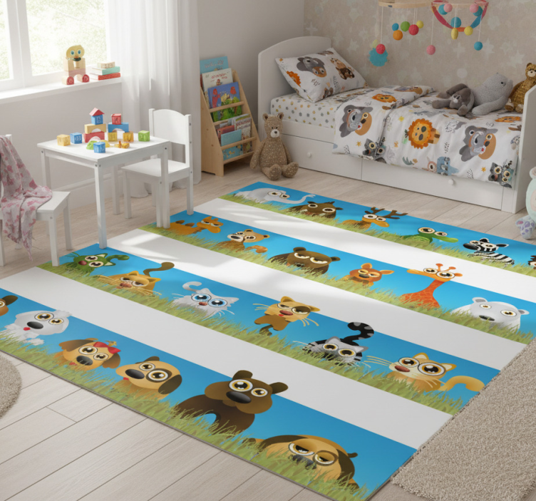 Tapete vinílico infantis listras com animais - TenStickers