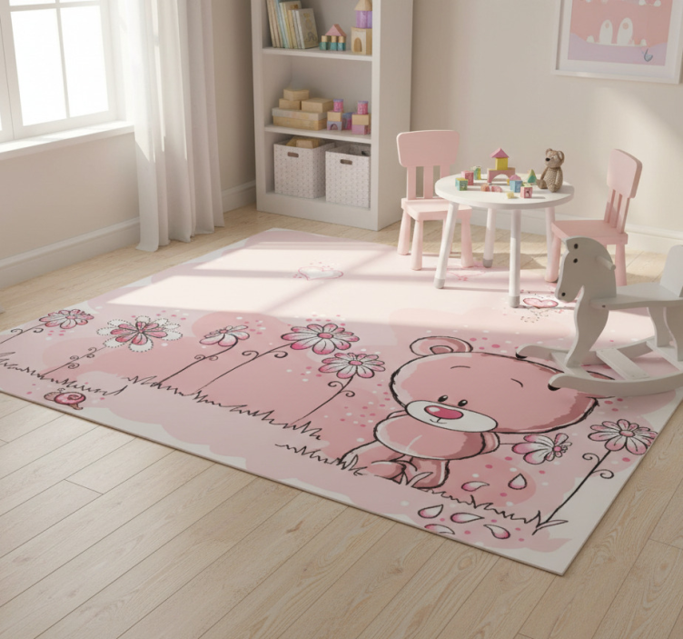 Tapete vinílico infantis urso rosa e flores - TenStickers