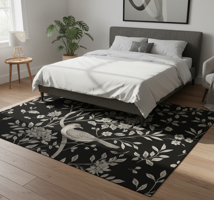 Tapete vinílico quarto Árvore cinza com flores e pássaros - TenStickers