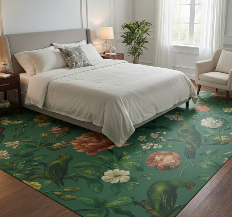 Tapete vinílico quarto com flores e pássaros verdes - TenStickers