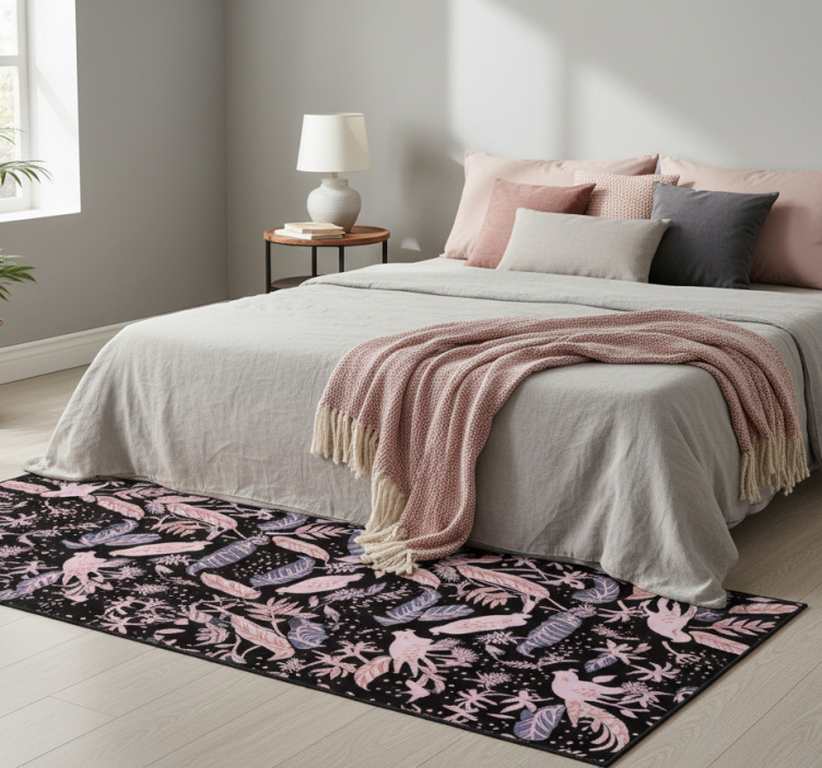 Tapete vinílico quarto com pássaros rosa e pretos em folhas - TenStickers
