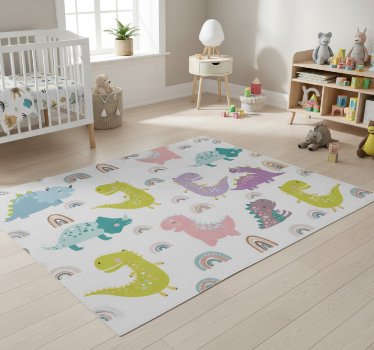 Tapete vinílico quarto dinossauros nórdicos com arco-íris - TenStickers