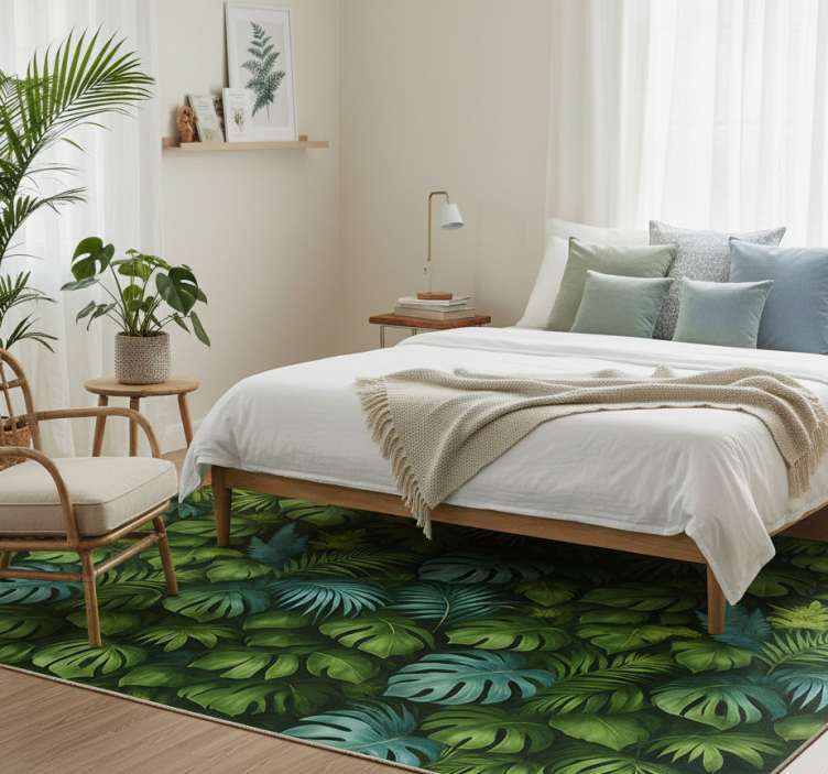 Tapete vinílico quarto folhas verdes e azuis tropicais - TenStickers