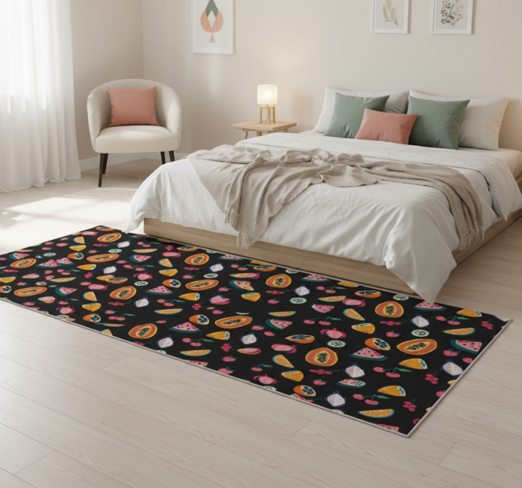 Tapete vinílico quarto frutas multicoloridas no fundo preto - TenStickers