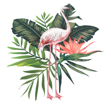Tapete vinílico de animais com flamingo e folhas aquareladas - TenStickers
