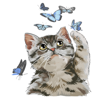Tapete vinílico de animais gato com borboletas azuis - TenStickers