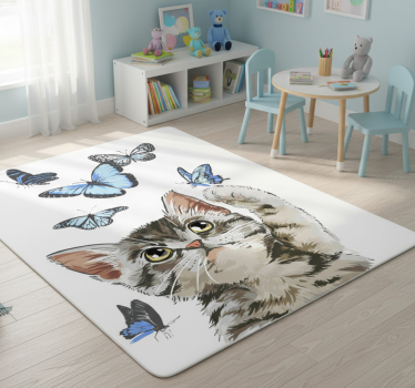 Tapete vinílico de animais gato com borboletas azuis - TenStickers