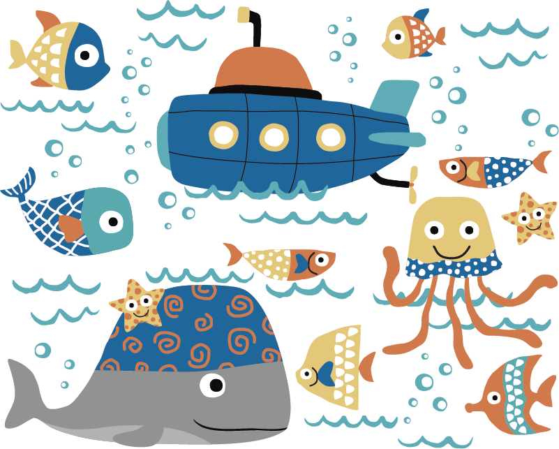 Tapete vinílico de animais com motivos marinhos azuis - TenStickers