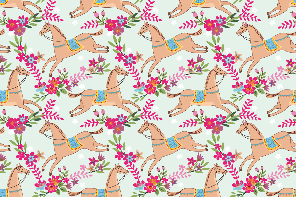 Tapete vinílico de animais padrão cavalo flores rosas - TenStickers