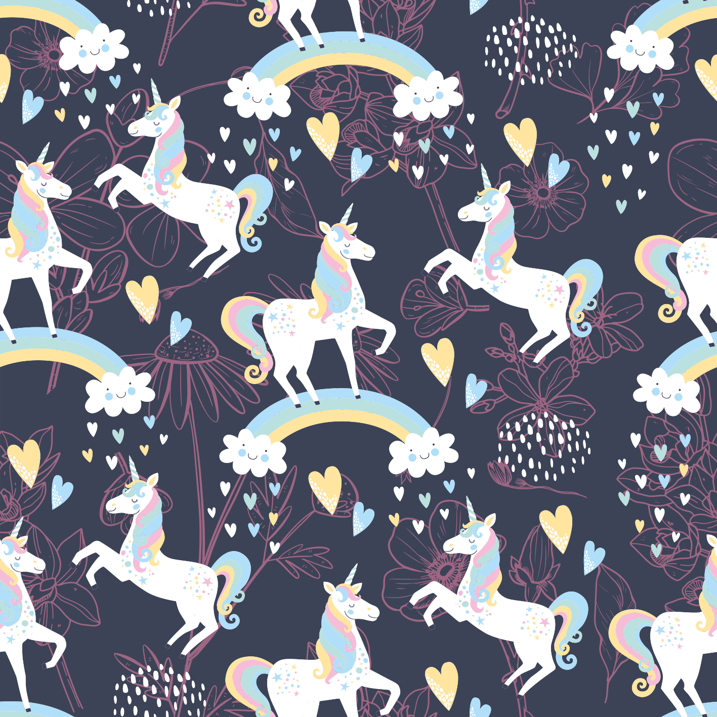 Tapete vinílico de animais padrão floral de unicórnios rosa - TenStickers