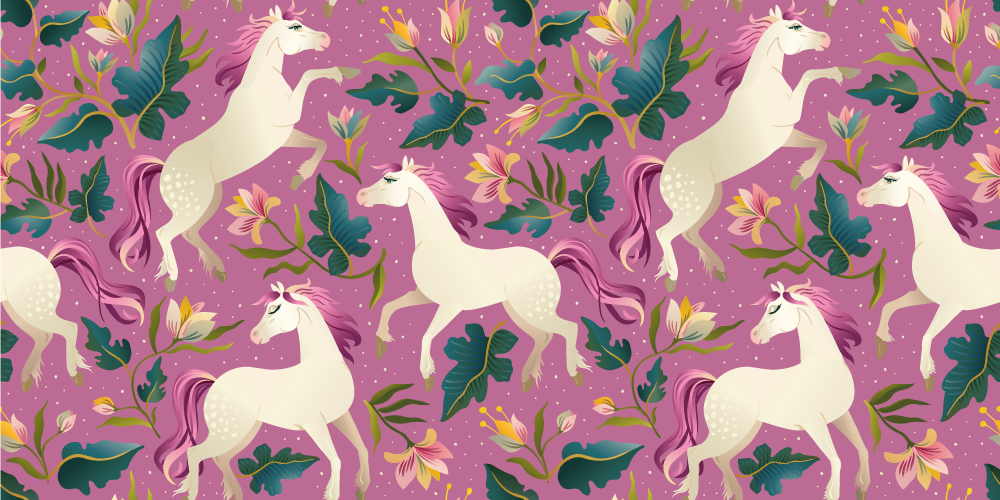 Tapete vinílico de animais design floral de cavalo rosa - TenStickers