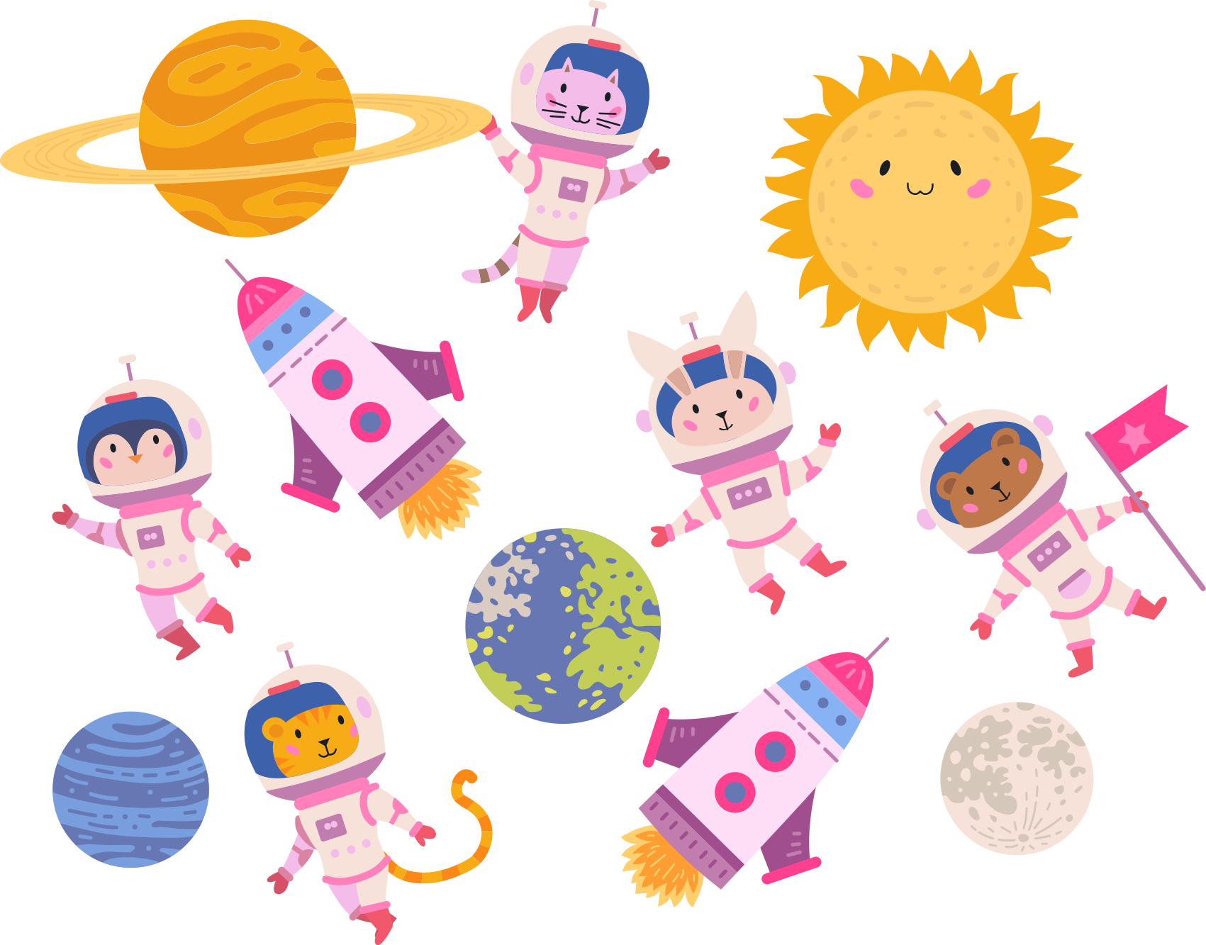 Tapete vinílico de animais astronautas com foguete - TenStickers