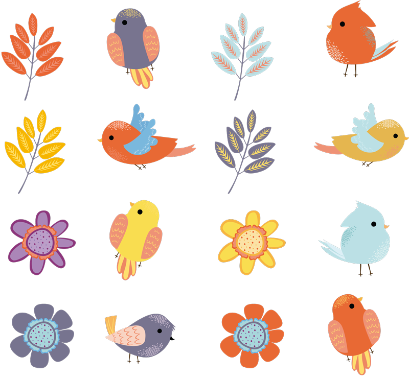 Tapete vinílico flores e plantas set de pássaros primavera - TenStickers